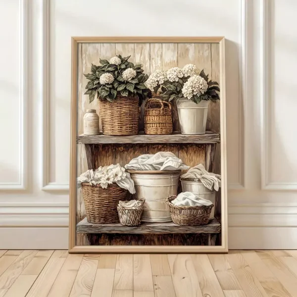 Quadro Cesto de Vestuário Vintage & Decoração de Parede com Hortênsias