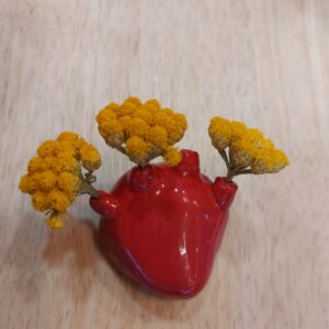 Coração cerâmica vermelho c/ flores secas feito Artesa